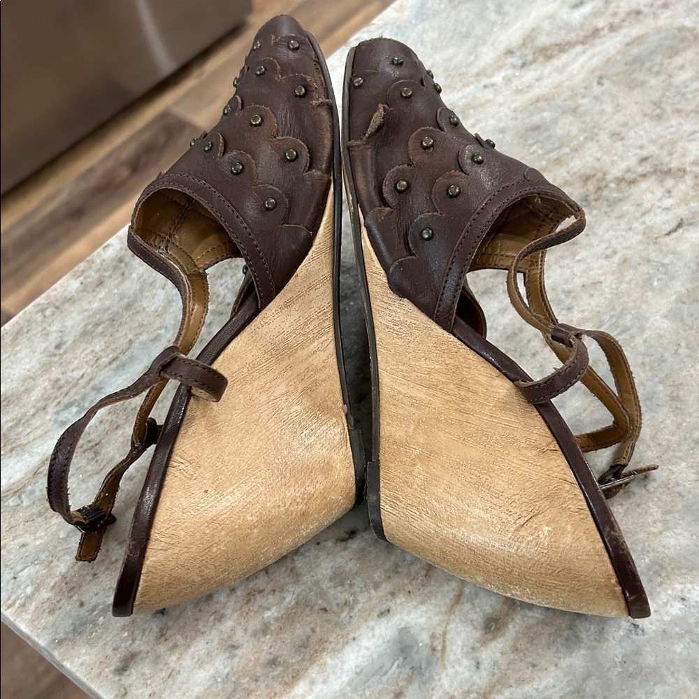 Schuler & Sons Philadelphia peep toe wedge shoes size 40 buckle strap brown - Picture 7 of 14